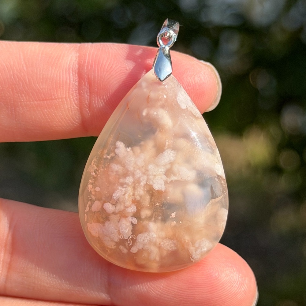 925 silver plated pink flower agate teardrop pendant‎ 1046